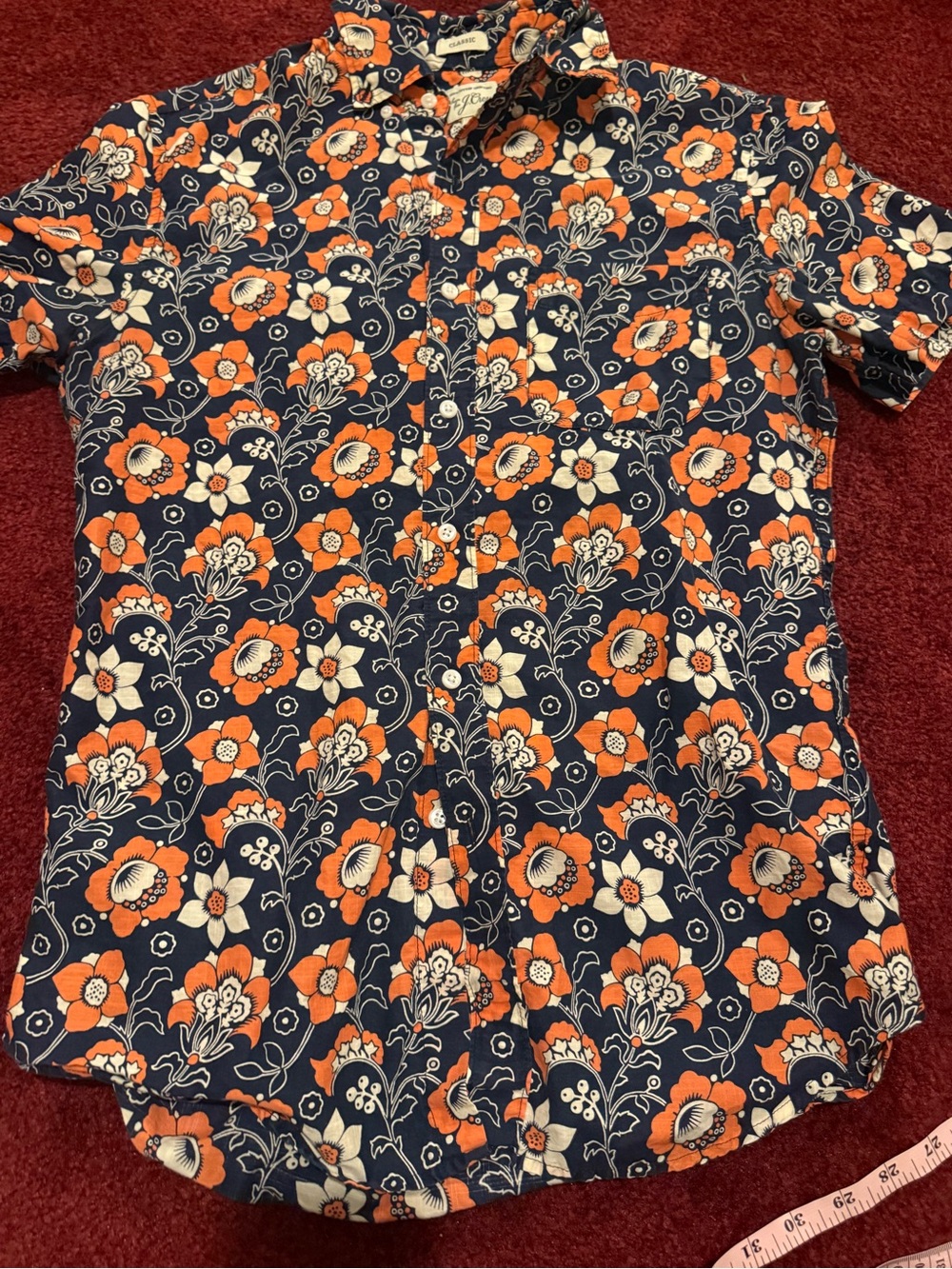 J. Crew Short Sleeve Cotton Poplin Shirt Navy Orange Flower Size Small Slim